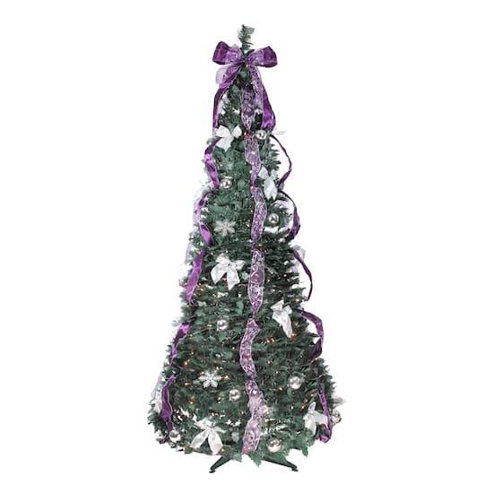 6ft. Pre-Lit Purple & Silver Pre-Decorated Pop-Up Artificial Christmas Tree, Clear Lights